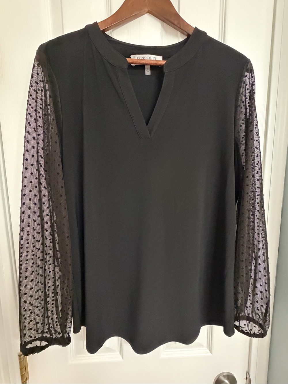 Kasper Black Blouse with Sheer Polka-Dot Sleeves - size L, NWOT